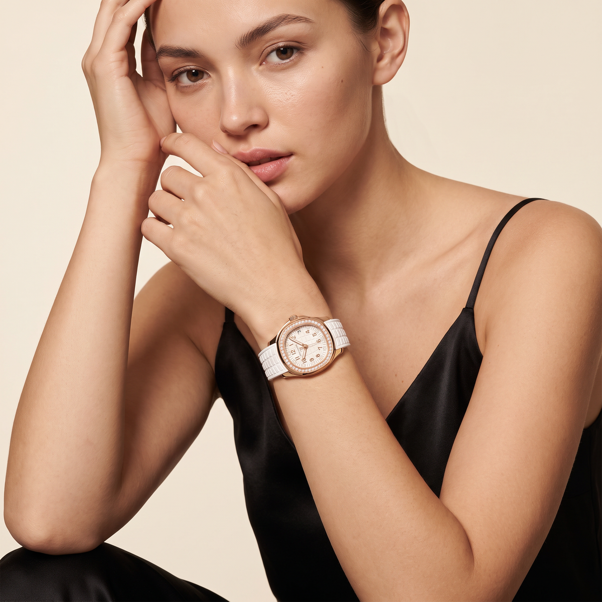 Aquanaut luce White Dial Stone Set Rose Tone Women's Watch