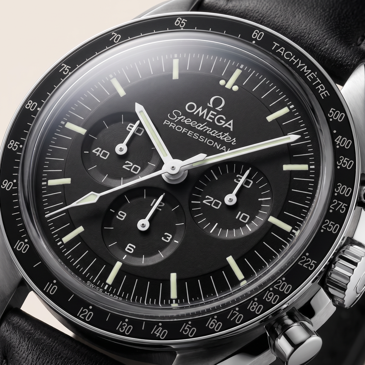 Speedmaster Black Dial Black Leather Strap Automatic Watch