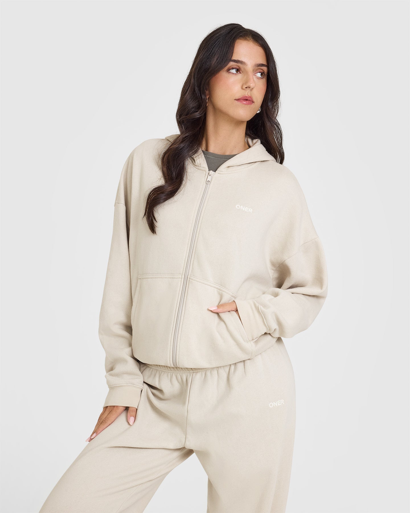 Mid Weight Zip Through Hoodie - Sand