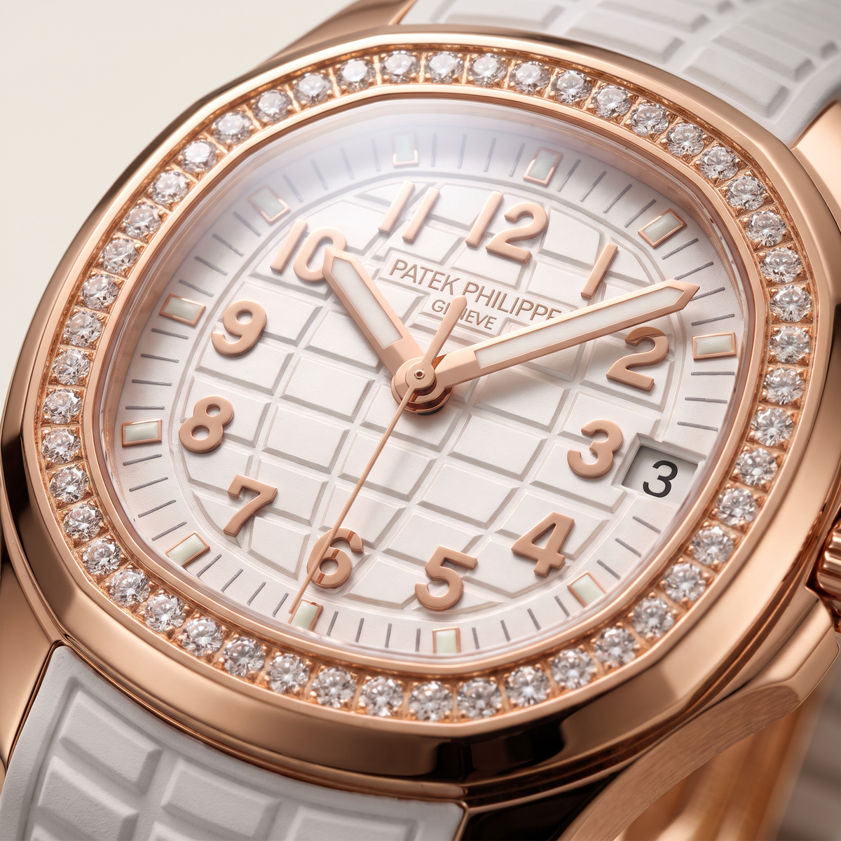 Aquanaut luce White Dial Stone Set Rose Tone Women's Watch