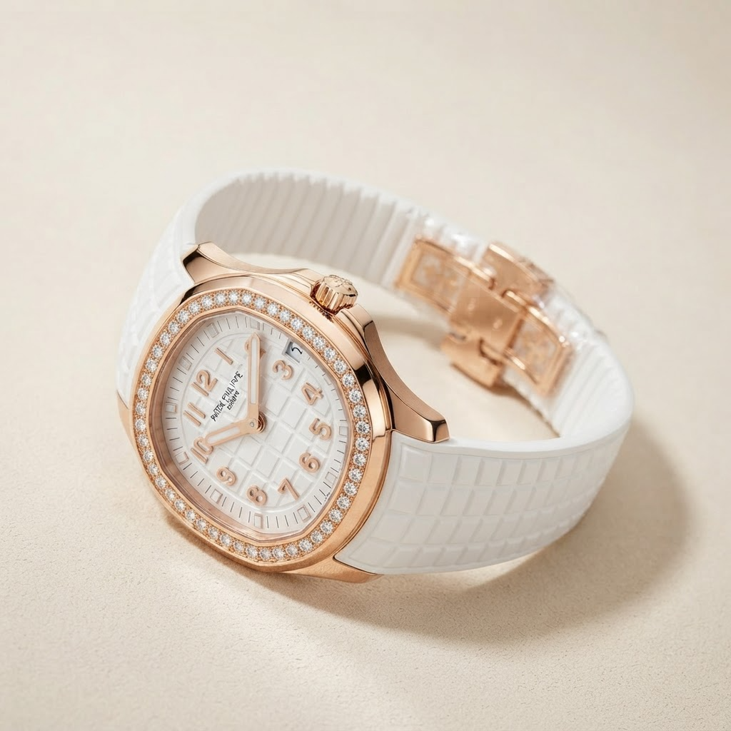 Aquanaut luce White Dial Stone Set Rose Tone Women's Watch