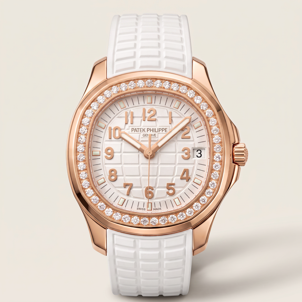 Aquanaut luce White Dial Stone Set Rose Tone Women's Watch