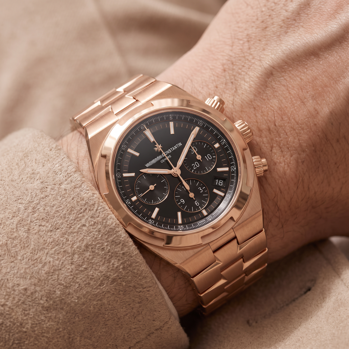 Chronograph Constantin Overseas 49150 Black Dial Pink Gold Men's Watch