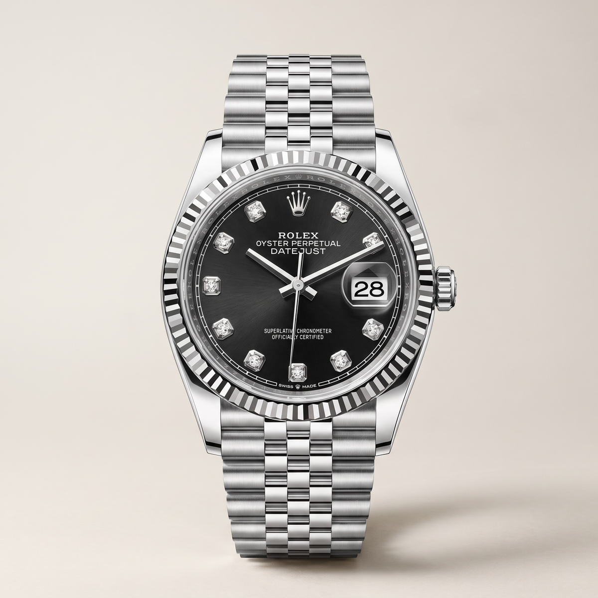 Datejust 126234 Black and Diamond Dial Fluted Bezel Stainless Steel Jubilee Men's Watch