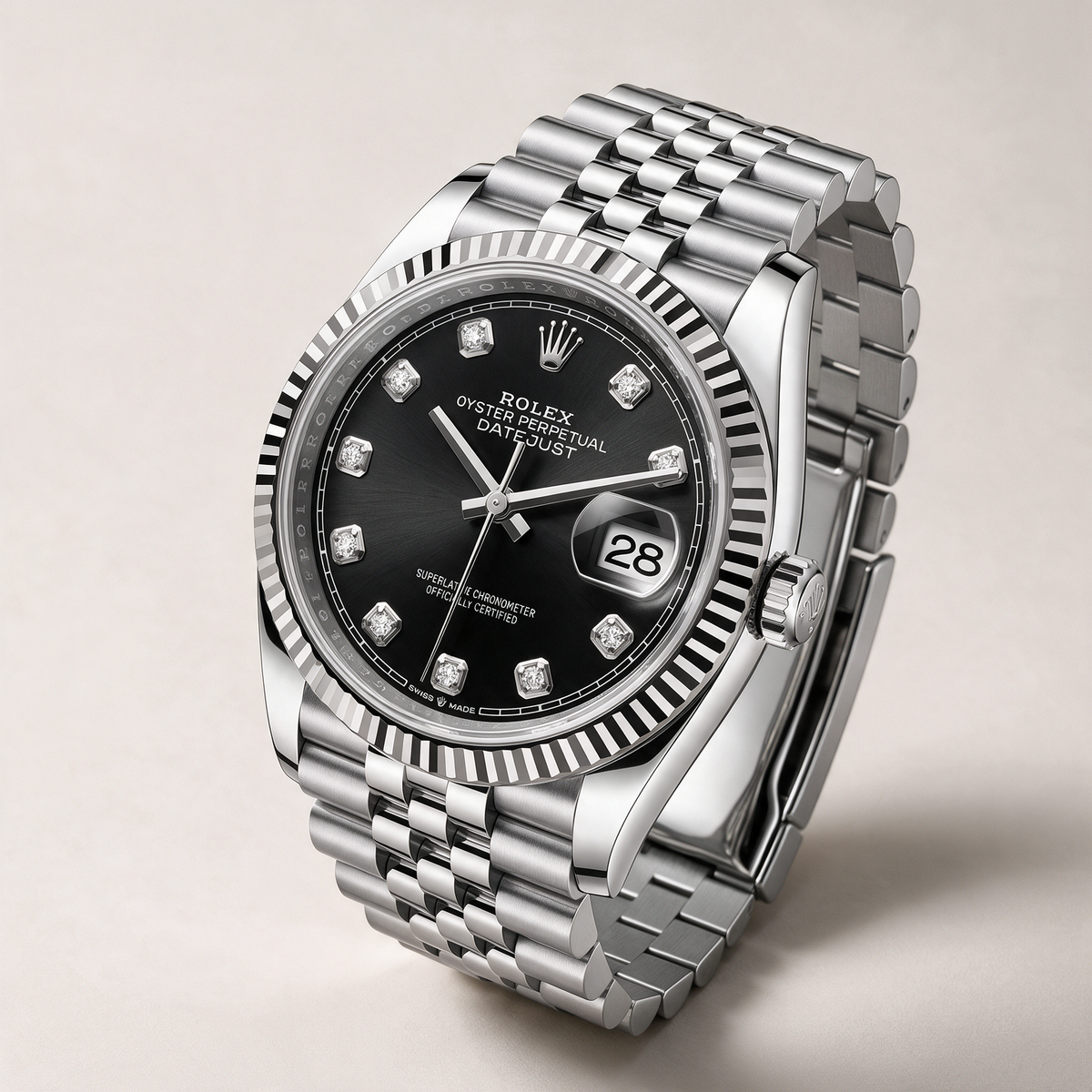 Datejust 126234 Black and Diamond Dial Fluted Bezel Stainless Steel Jubilee Men's Watch
