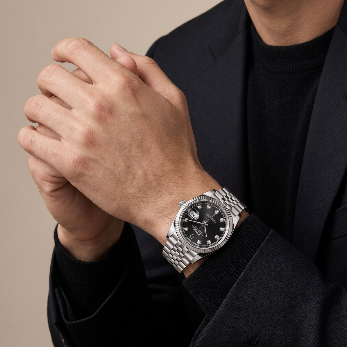 Datejust 126234 Black and Diamond Dial Fluted Bezel Stainless Steel Jubilee Men's Watch
