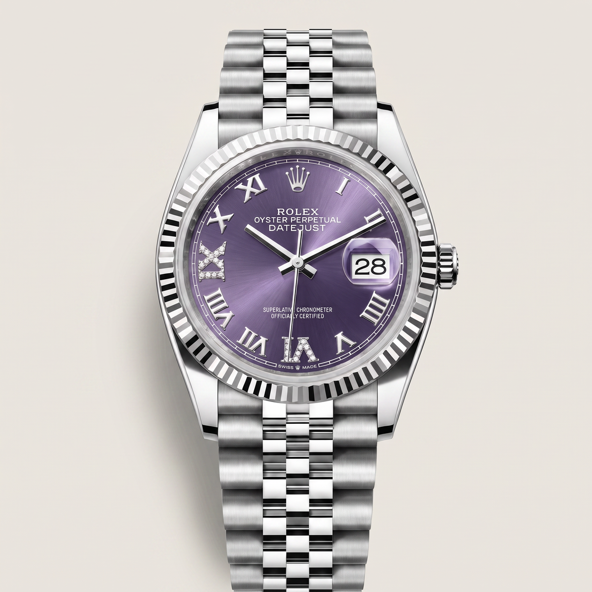 Datejust 278274 Roman Index VI Diamond Aubergine Dial Watch