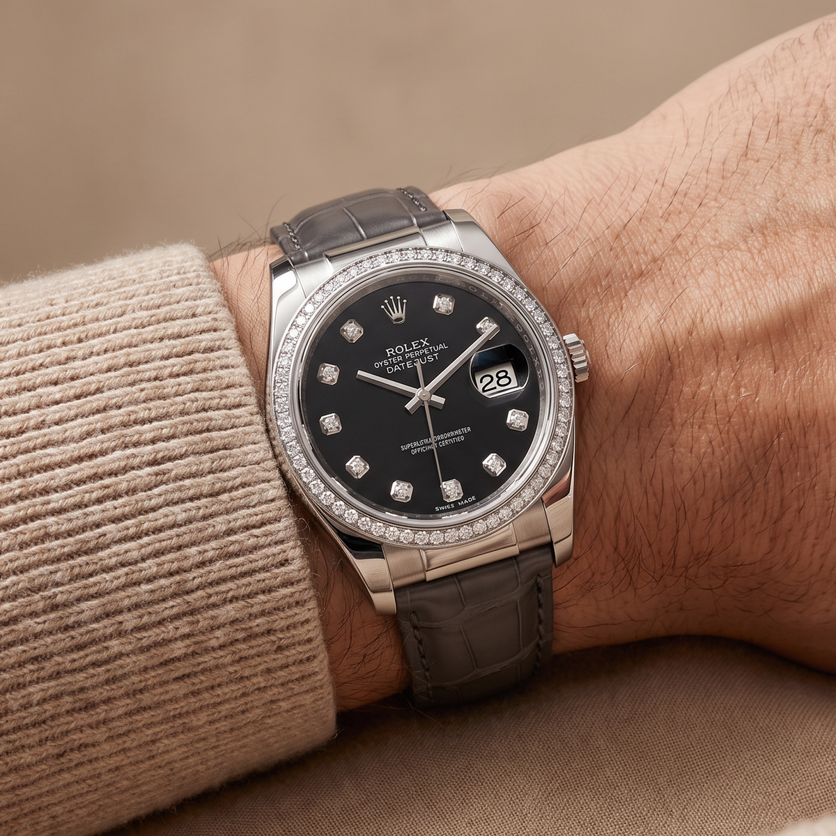 Datejust Black Dial Diamond Bezel Leather Strap Automatic Watch