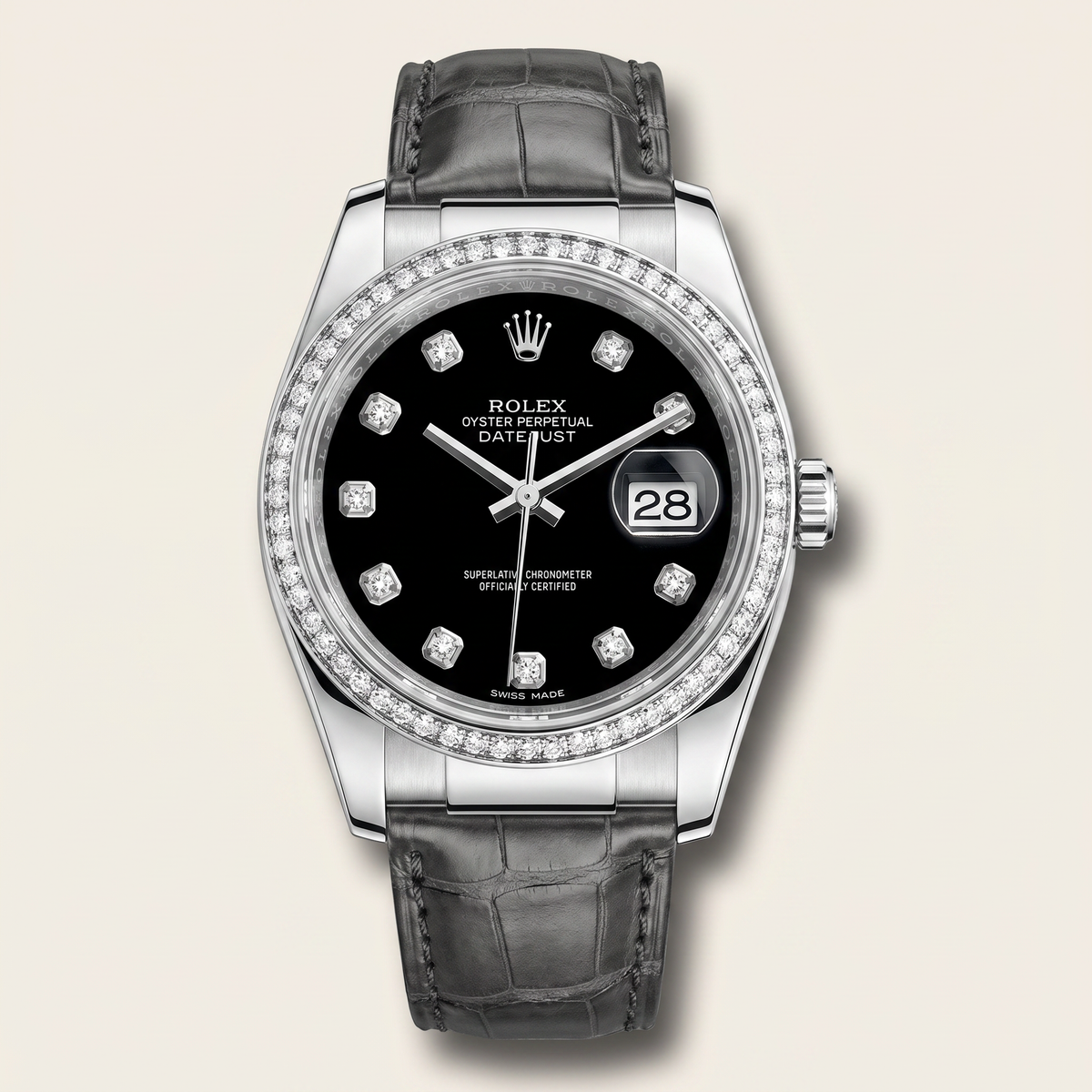 Datejust Black Dial Diamond Bezel Leather Strap Automatic Watch