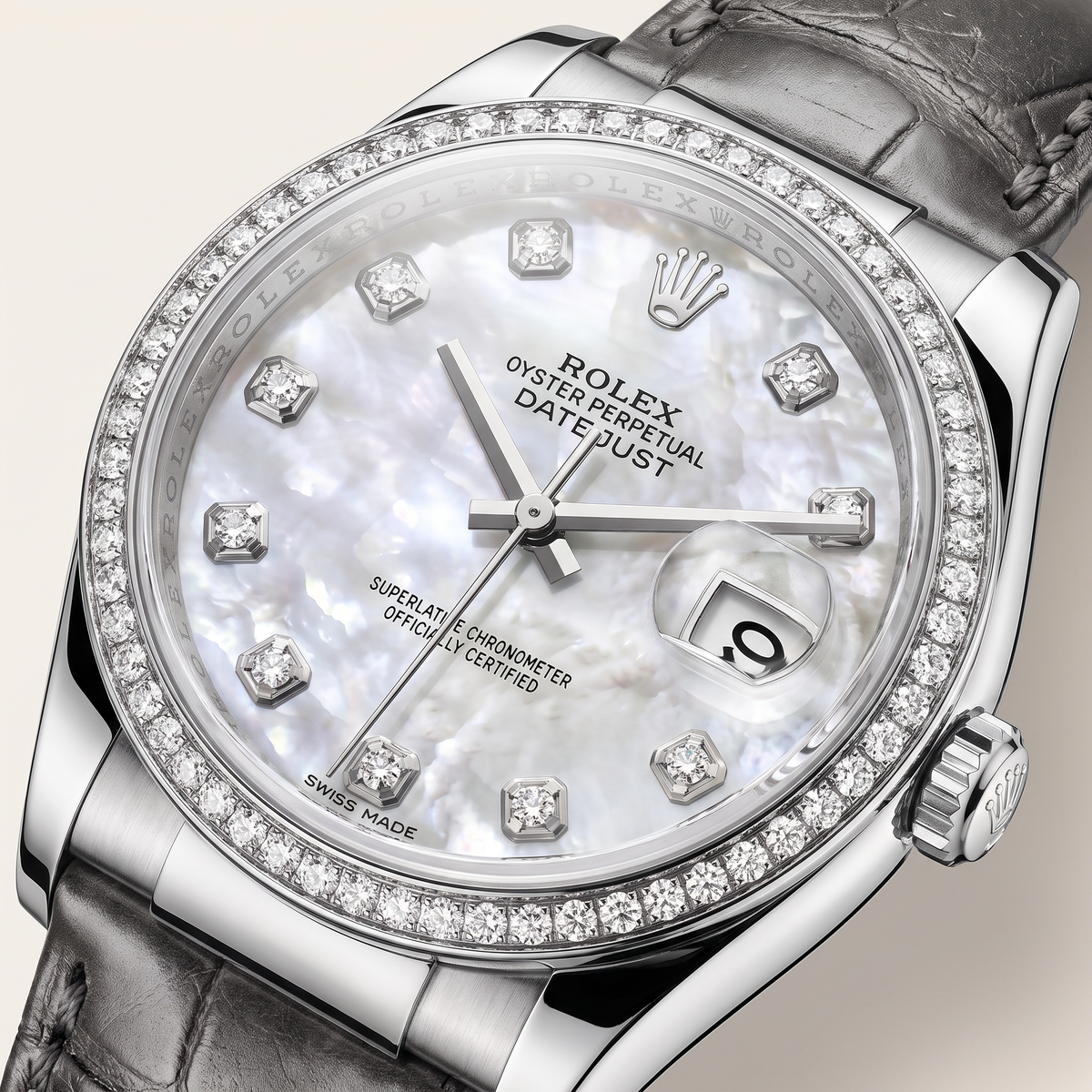 Datejust Mother Of Pearl Dial Diamond Bezel Leather Strap Automatic Watch