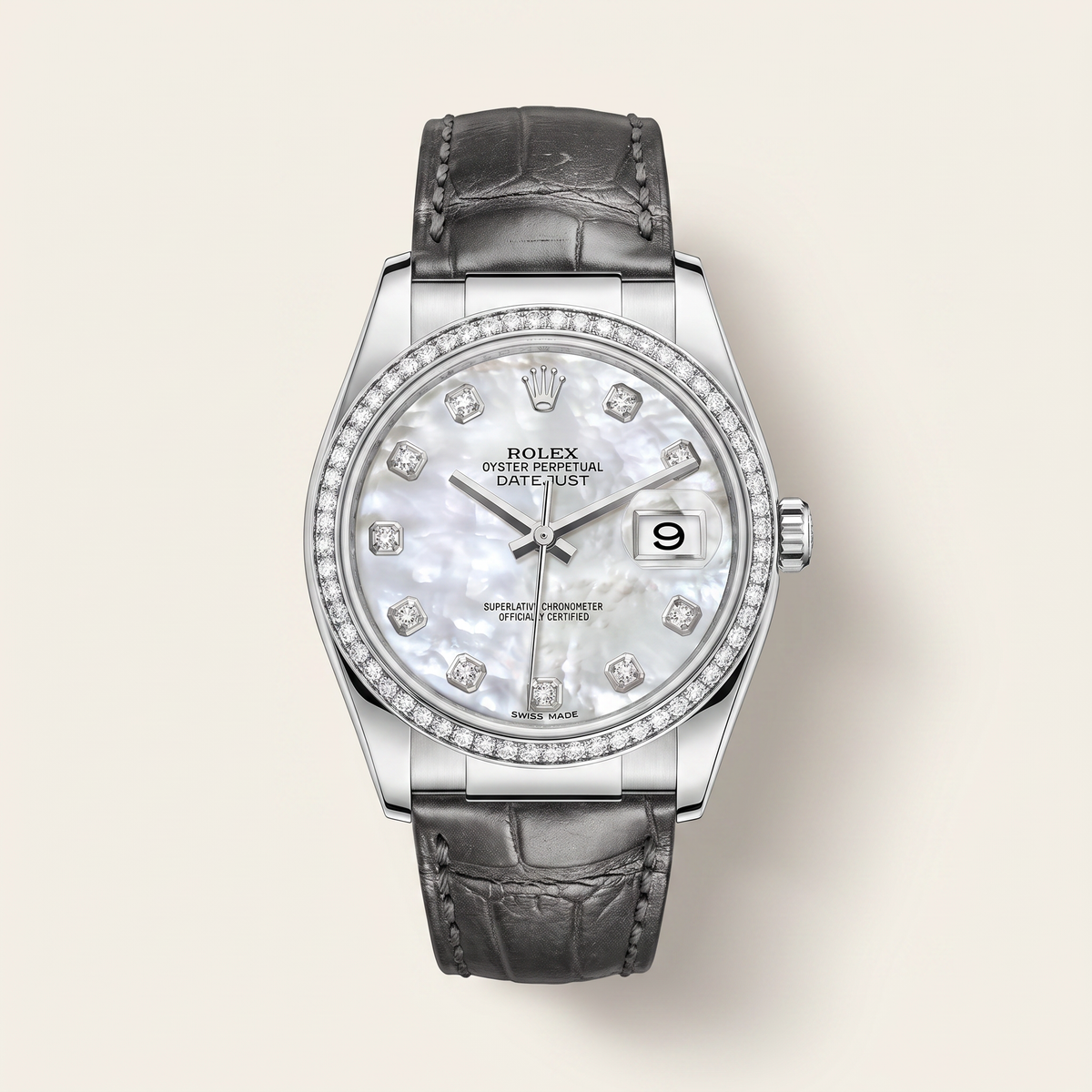 Datejust Mother Of Pearl Dial Diamond Bezel Leather Strap Automatic Watch