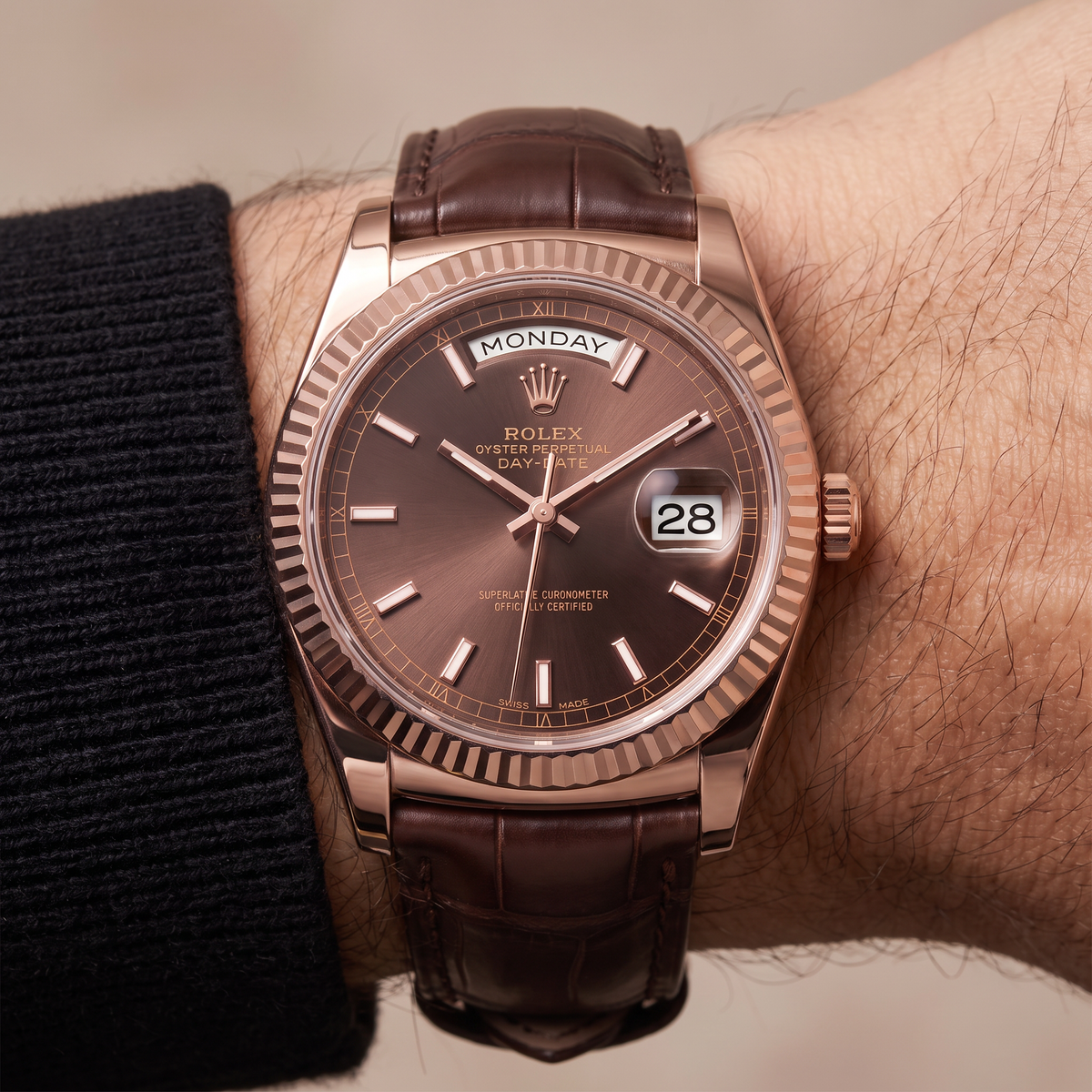 Day-date Everose Gold  President Chocolate Dial Leather Strap Men’s Watch