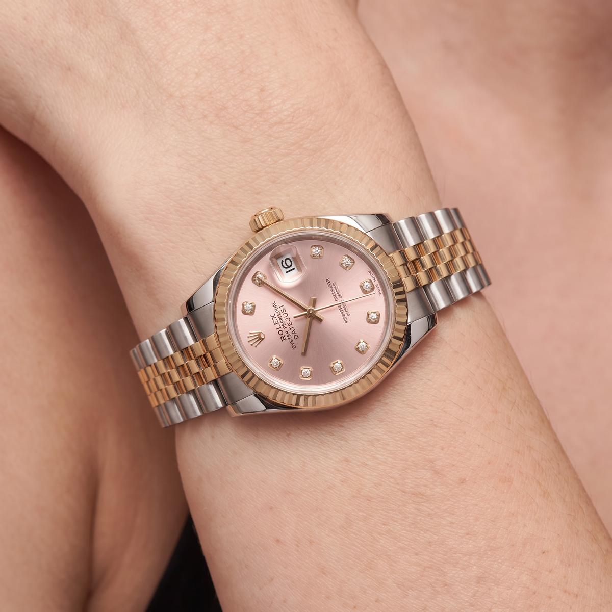 Lady-Datejust Metallic Pink Diamond Dial And Fluted Bezel Two Tone Automatic Watch