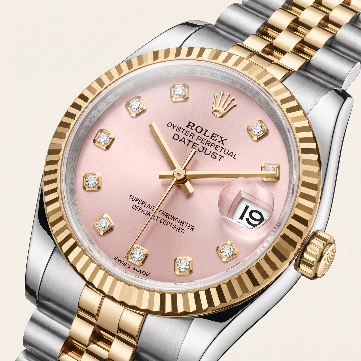 Lady-Datejust Metallic Pink Diamond Dial And Fluted Bezel Two Tone Automatic Watch