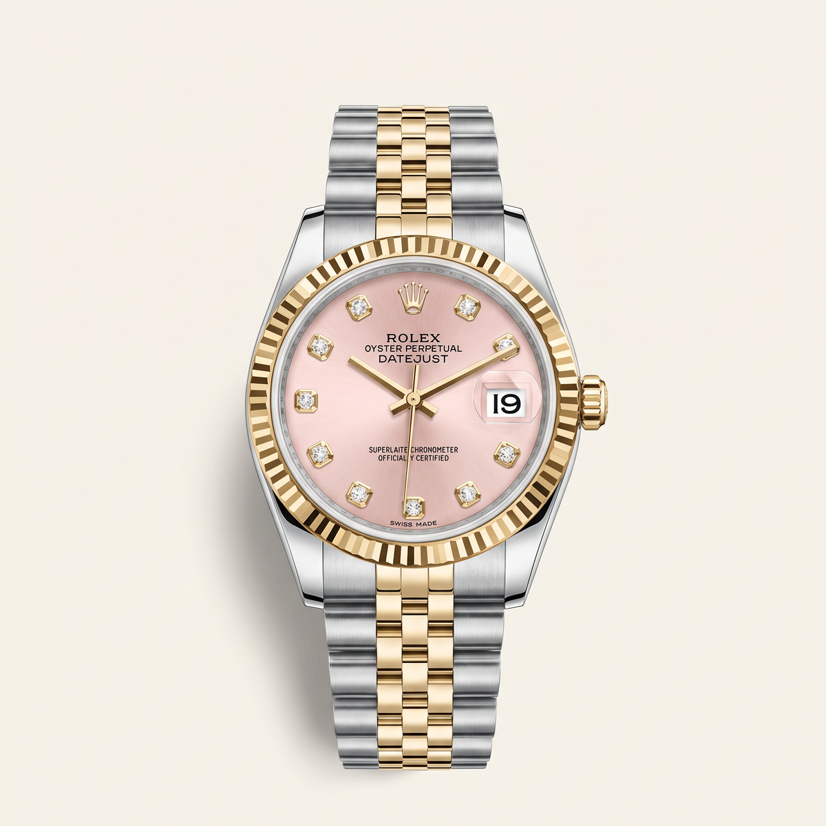 Lady-Datejust Metallic Pink Diamond Dial And Fluted Bezel Two Tone Automatic Watch