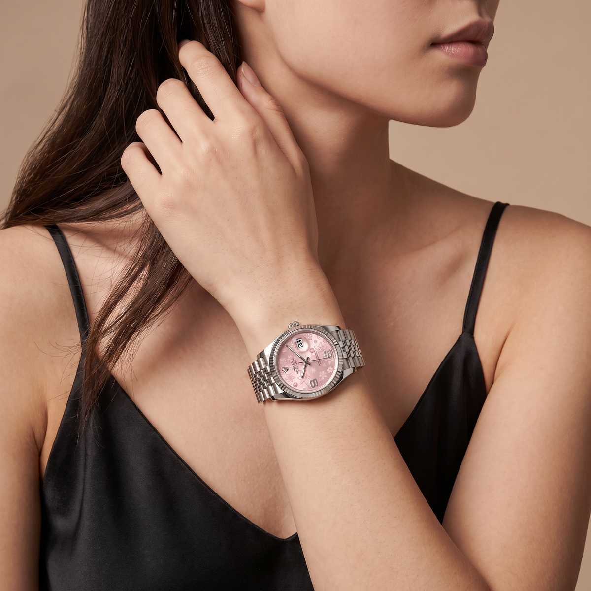 Lady-Datejust Oyster Perpetual Pink Floral Dial Stainless Steel Automatic Watch