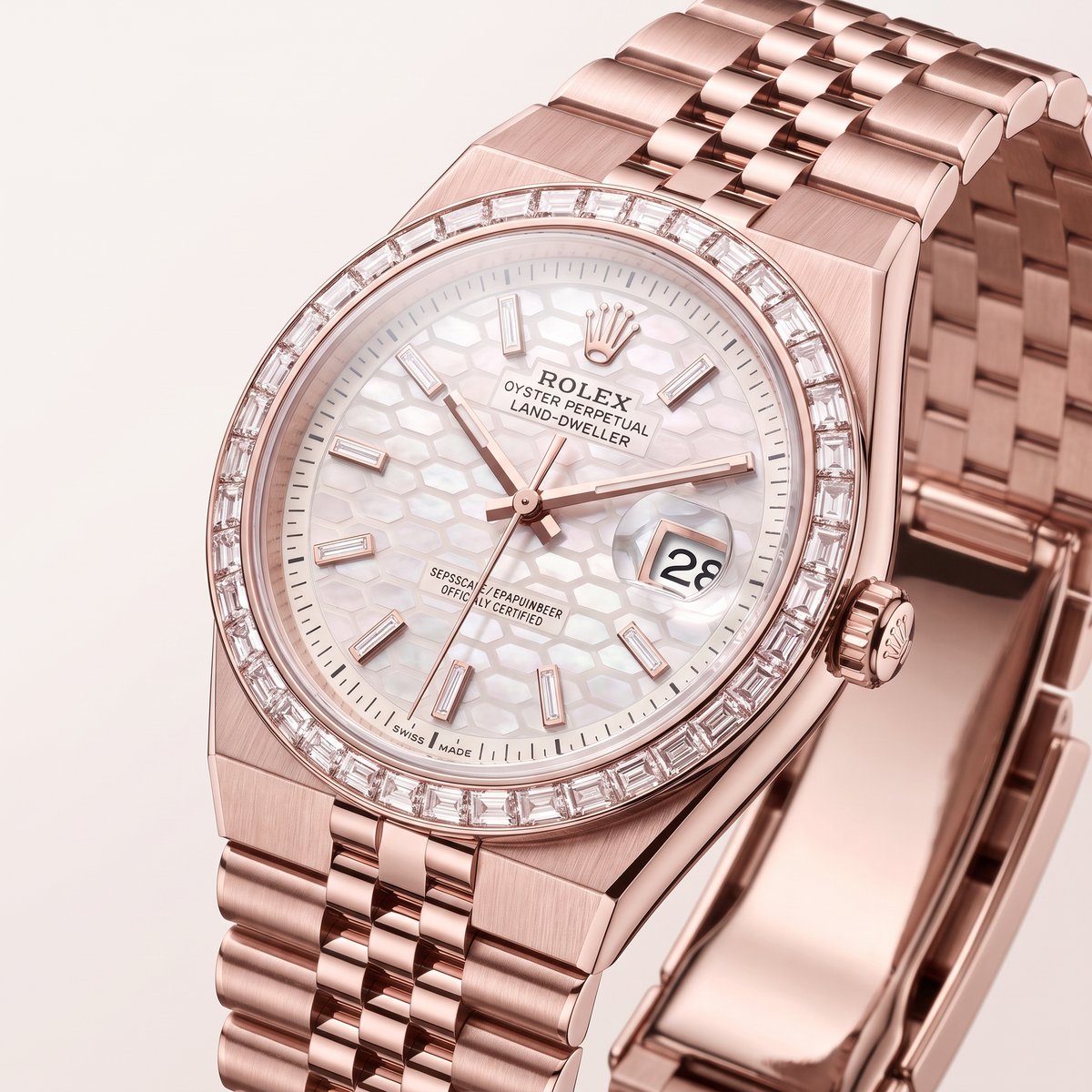 Land-Dweller Oyster Everose gold And Diamonds Intense White Honeycomb Motif Dial Automatic Watch