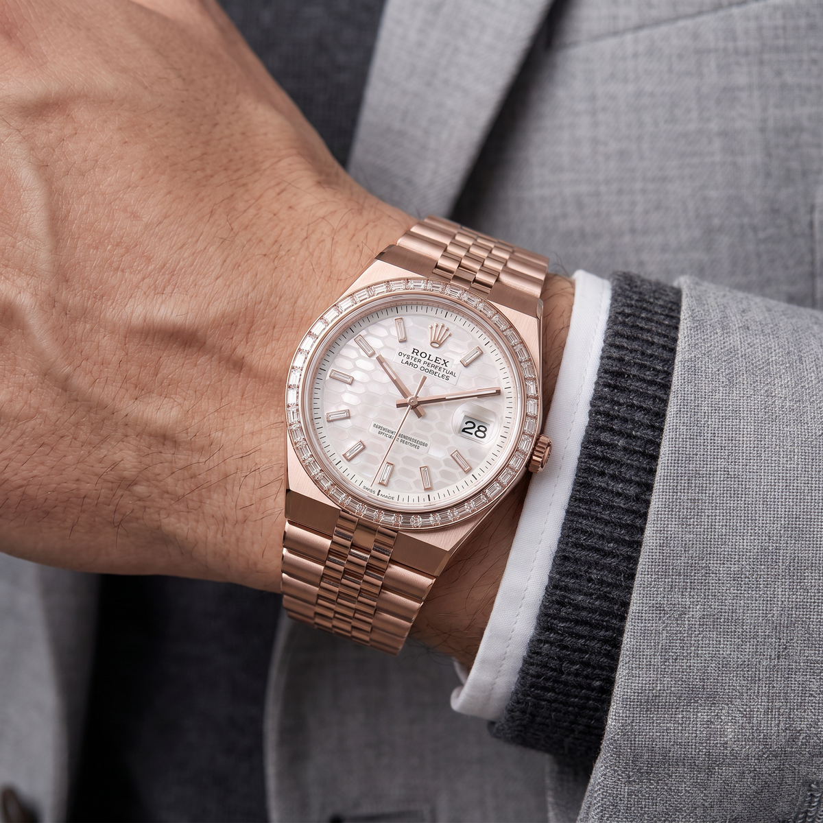 Land-Dweller Oyster Everose gold And Diamonds Intense White Honeycomb Motif Dial Automatic Watch