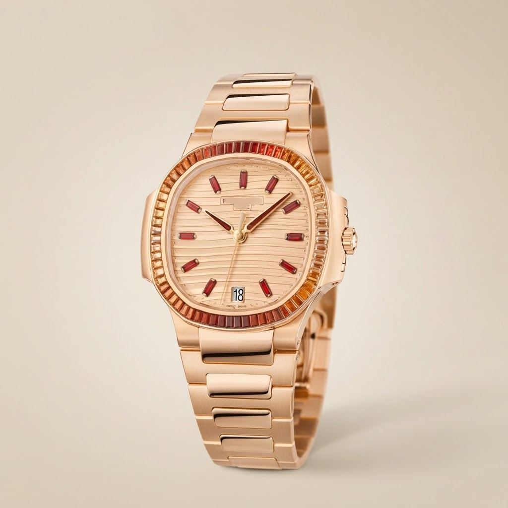 Nautilus 7118/1300R-001 Rose Dial Gemstone Paved Automatic Watch