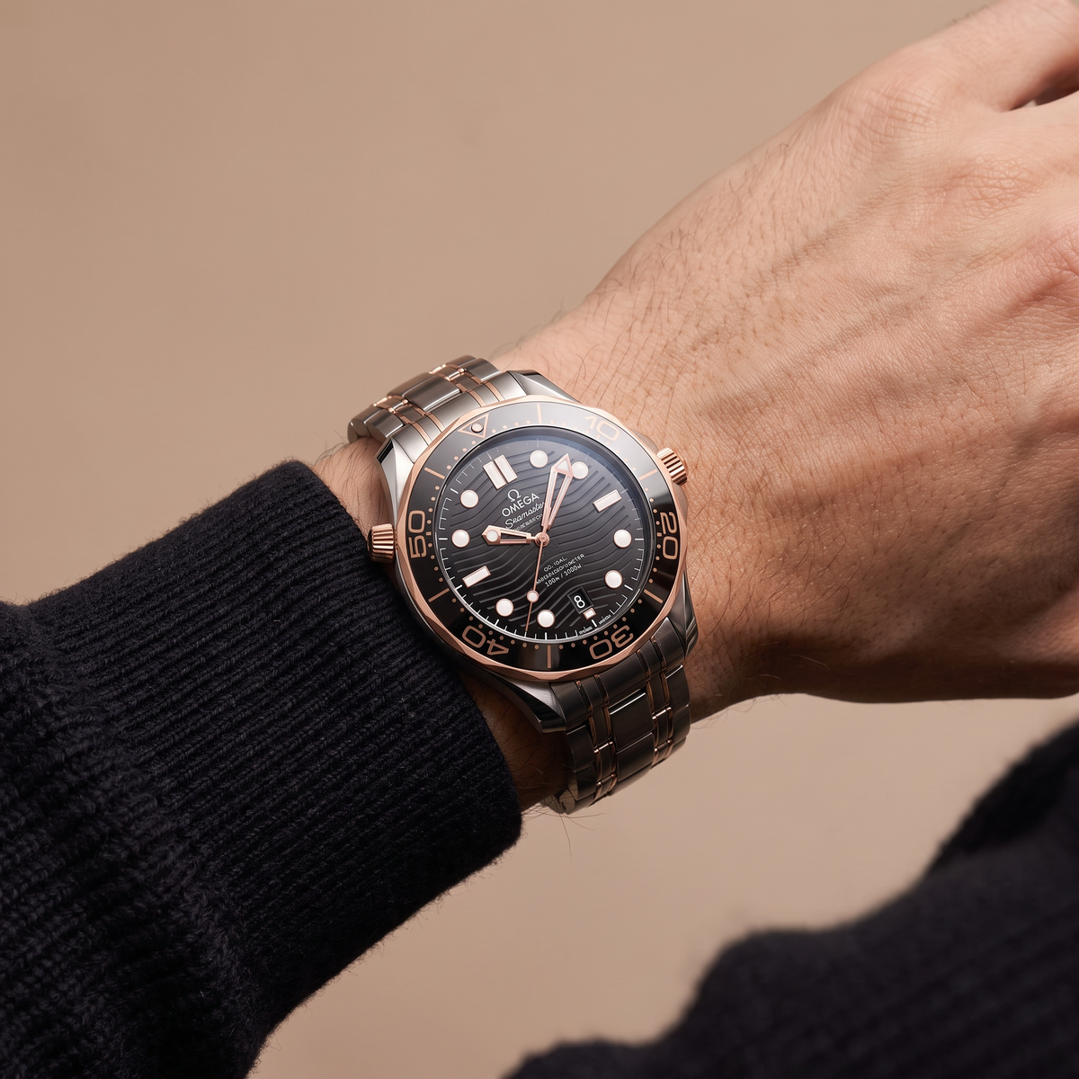 Seamaster Diver 300M Black Dial Rose Tone Bi-Color Stainless Steel Men's Watch