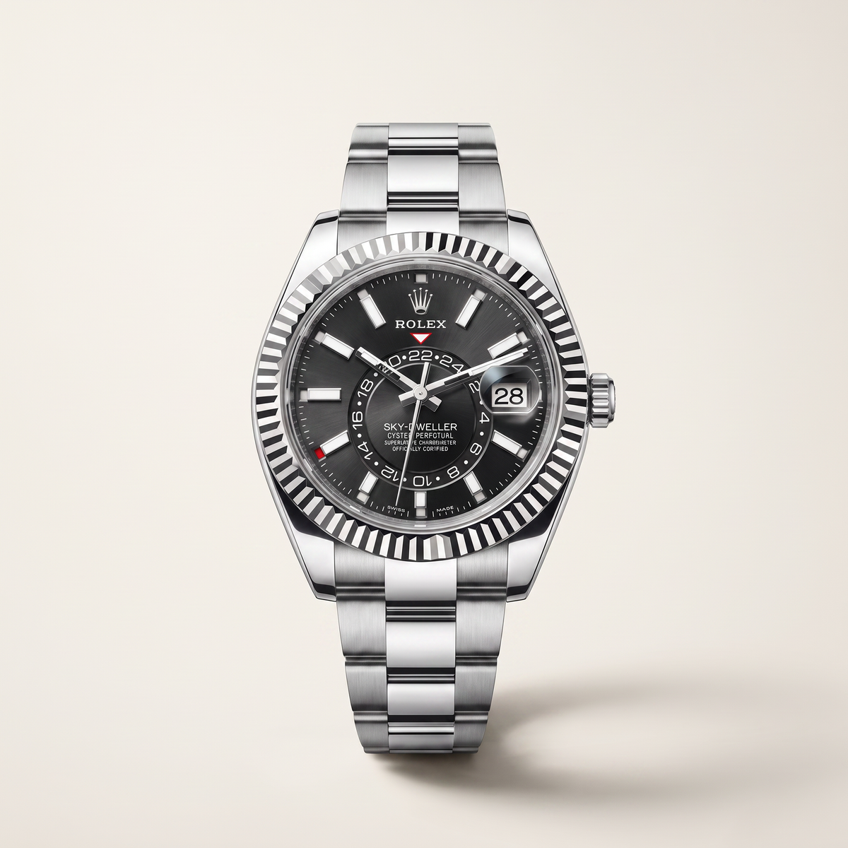 Sky-Dweller Black Dial Fluted Bezel Automatic Men's Watch
