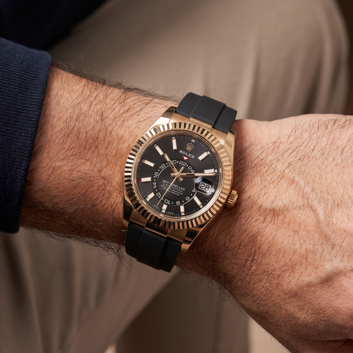 Sky-Dweller Dial Time And Yellow Tone Ring-Command Control Men's Watch