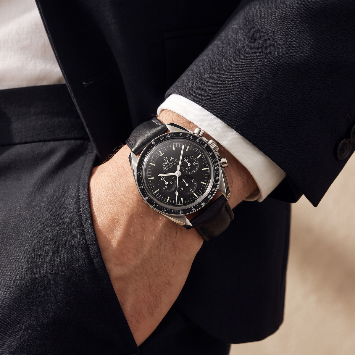 Speedmaster Black Dial Black Leather Strap Automatic Watch