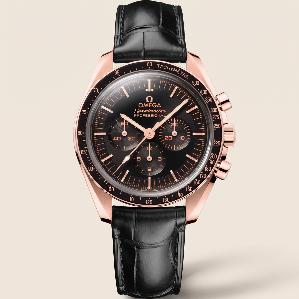 Speedmaster Full Black Dial Rose on Leather Strap Automatic Watch
