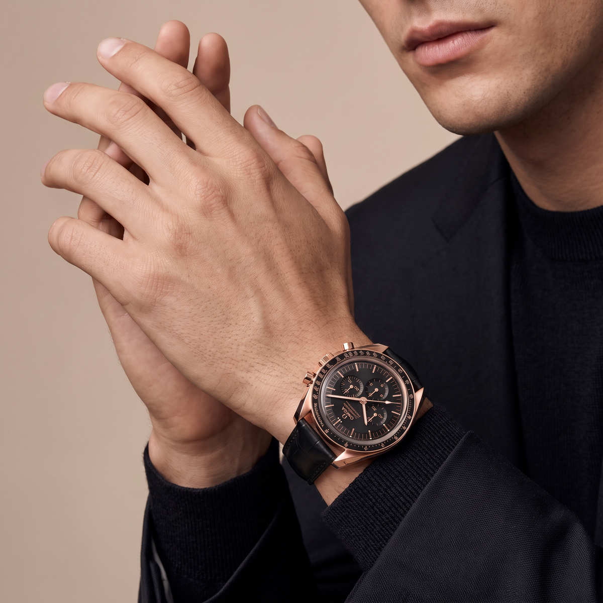 Speedmaster Full Black Dial Rose on Leather Strap Automatic Watch
