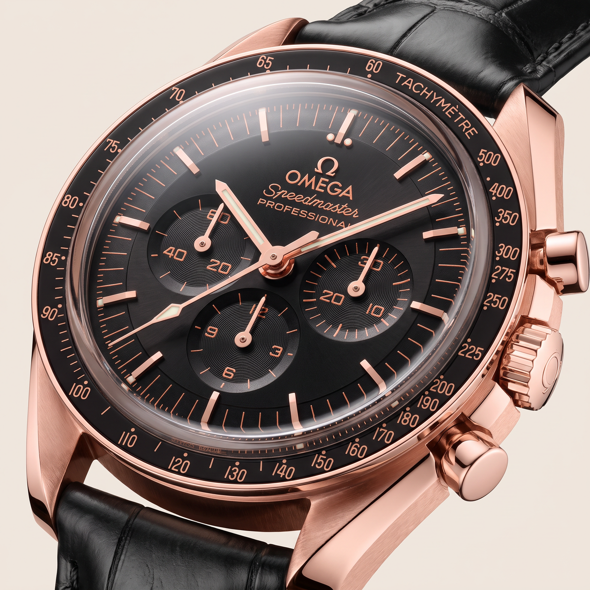Speedmaster Full Black Dial Rose on Leather Strap Automatic Watch