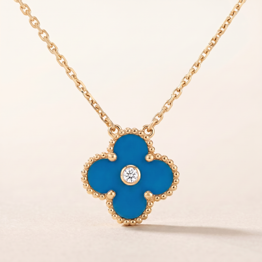 Vintage Alhambra Blue Agate 1 Diamond Clover Necklace